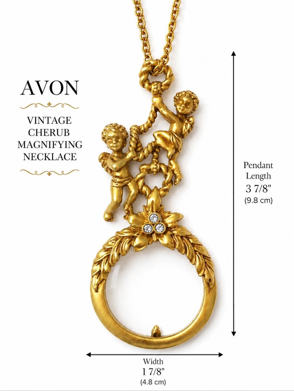 Vintage AVON Cherub Magnifying Glass Pendant Necklace Signed Gold Tone Crystal
